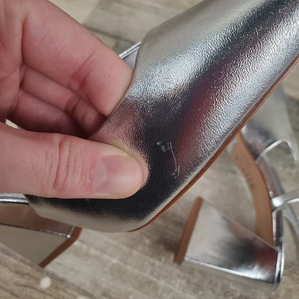 Schutz Blanche Mid Womens Pumps Sz 5 B Block Heel Prata Metallic Slingback Strap